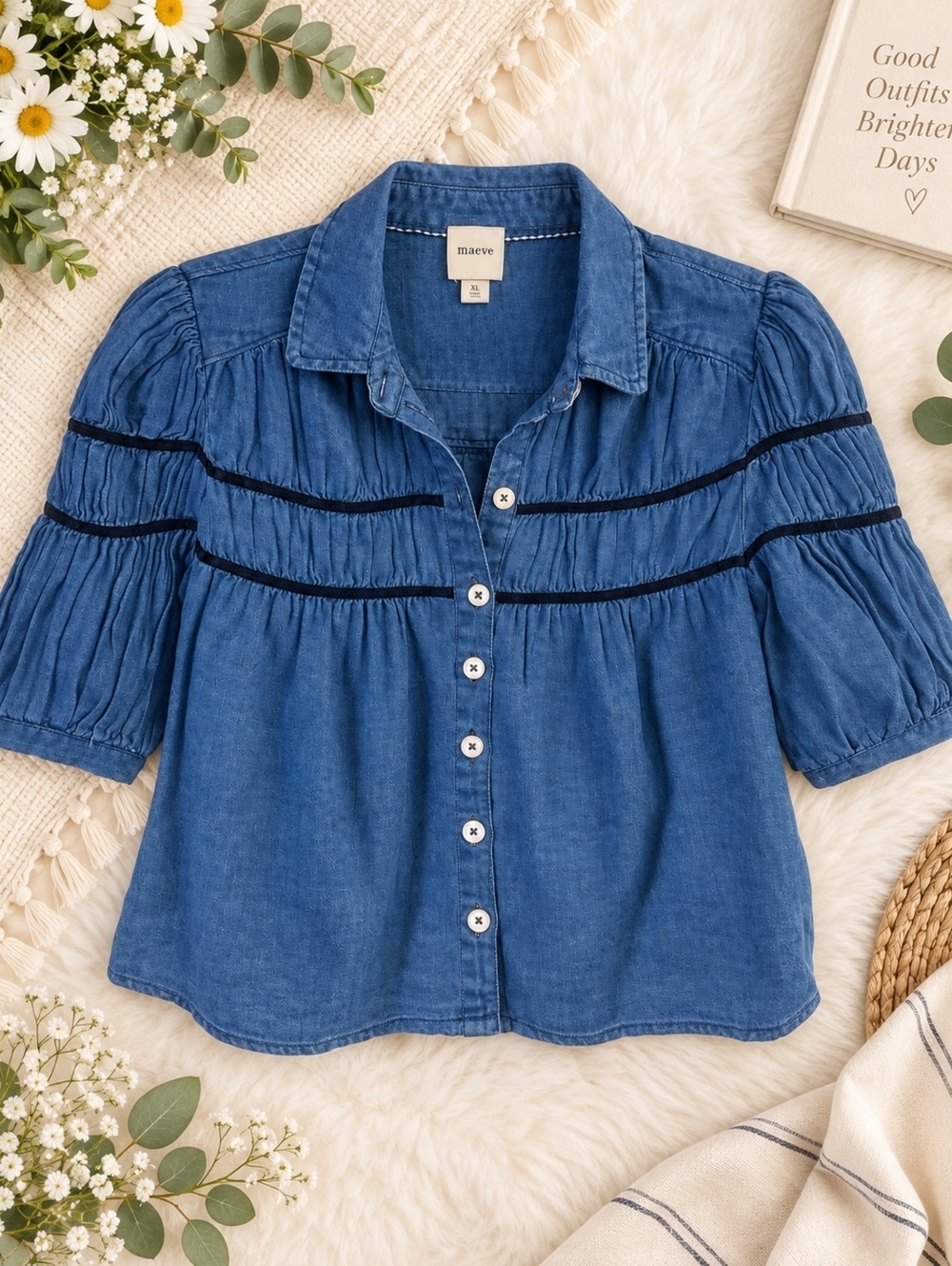 Maeve Denim Button-Up Blue XL Puff Sleeve